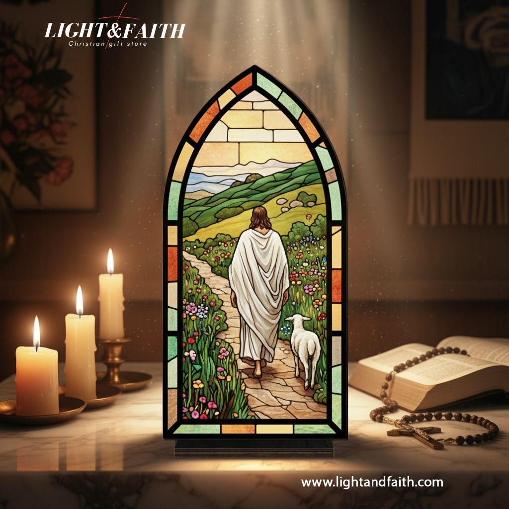Jesus the Good Shepherd Book Nook, Stained Glass Style Acrylic Decor, Christian Gift, Religious Home Decoration, Faith Art Display BNLAF07